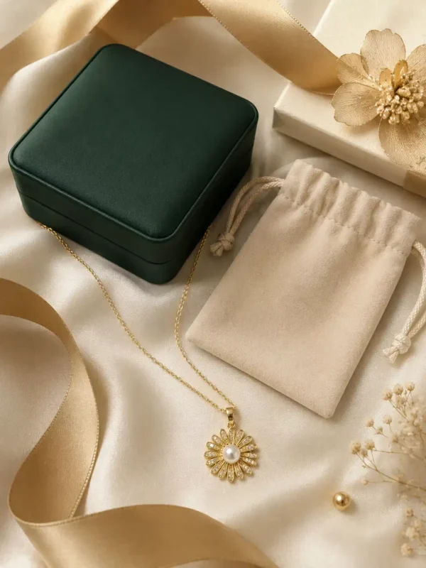 Gold pearl flower necklace styled with jewellery box and storage pouch