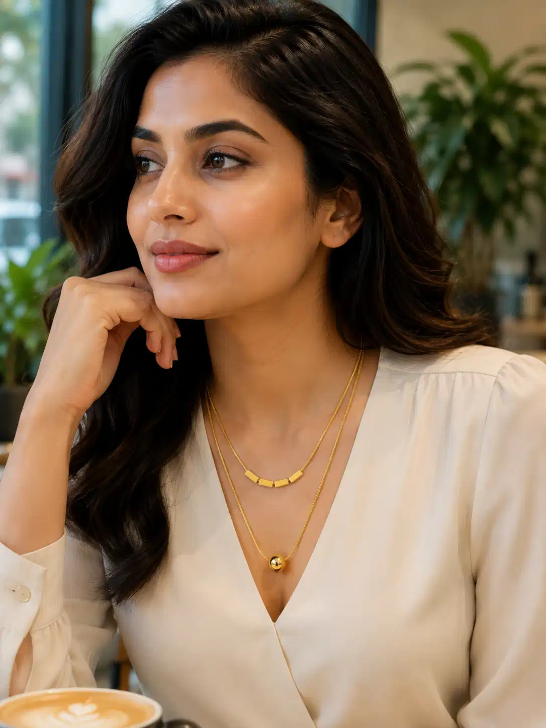 Woman wearing Aurevia Duo gold-tone double-layer necklace with geometric bars and round pendant