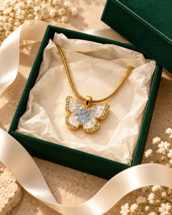 Gold-tone crystal butterfly pendant necklace styled inside green jewellery gift box with cream ribbon