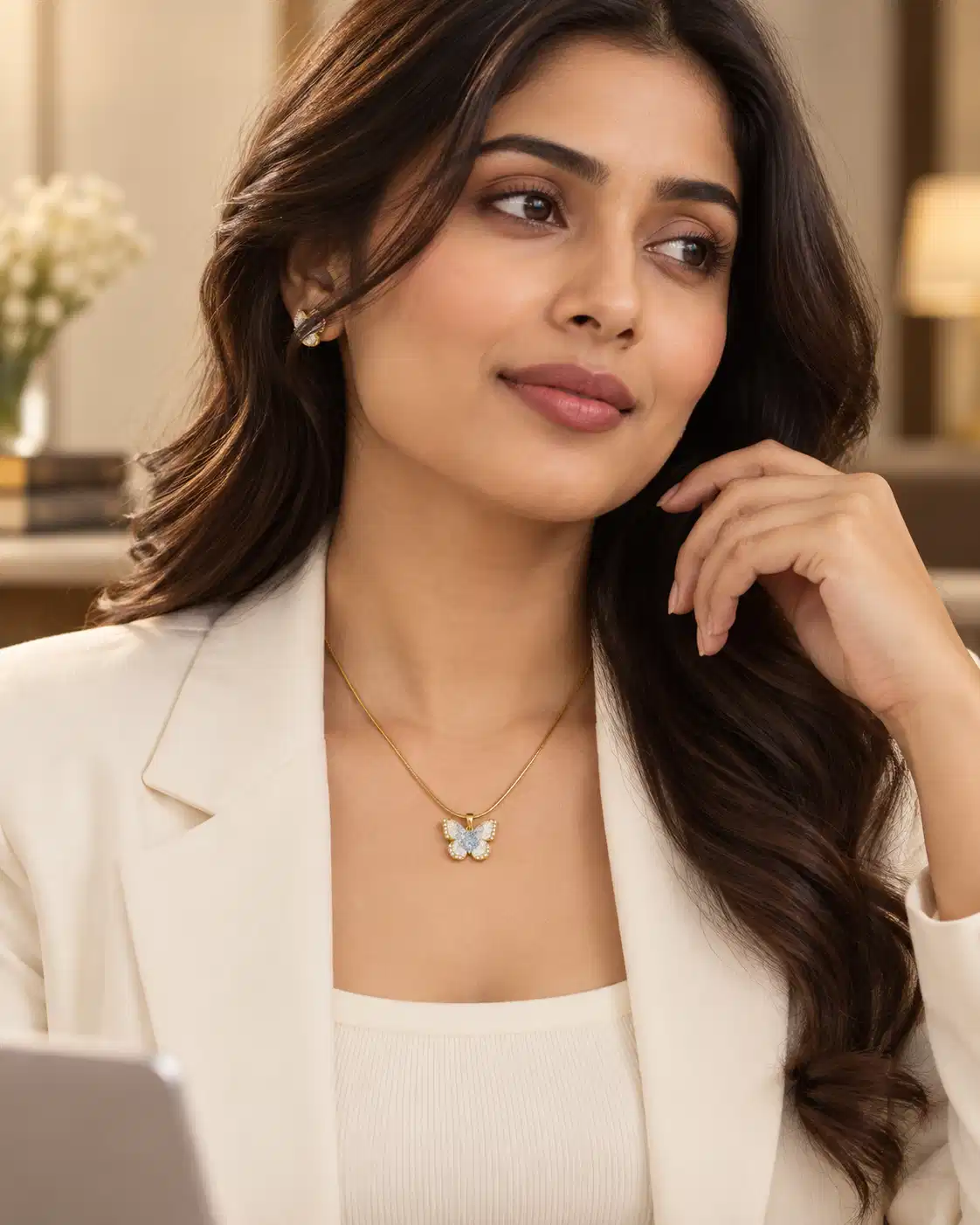 Woman wearing gold-tone crystal butterfly necklace with blue and clear stones and white office blazer
