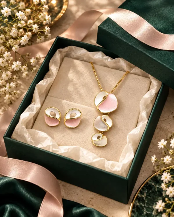 Blush Orbit gold-tone pendant necklace and matching pink and white stud earrings styled in gift packaging with ribbon and flowers