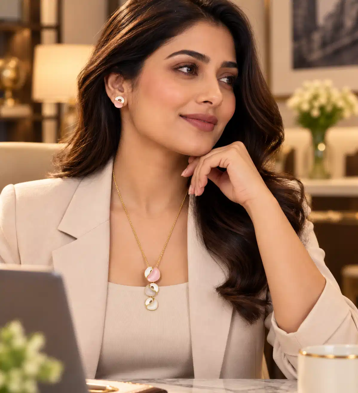 Woman wearing Blush Orbit gold-tone pink and white pendant necklace with matching stud earrings and a cream blazer