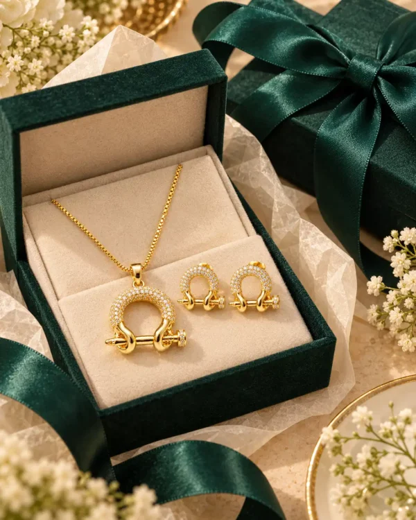 Aurelia gold crystal pendant and stud earring set styled with green gift box and ribbon