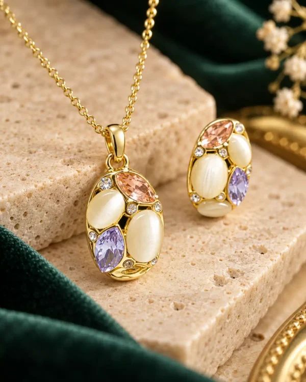 Close-up of oval gold pendant and earring with cream, peach, purple and clear decorative stones