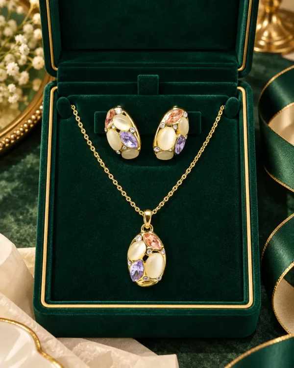 Elara gold-tone pendant necklace and matching pastel stone earrings displayed in a dark green jewellery box