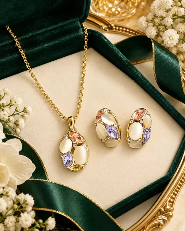 Pastel stone pendant necklace and matching earrings arranged in a cream jewellery box with green ribbon