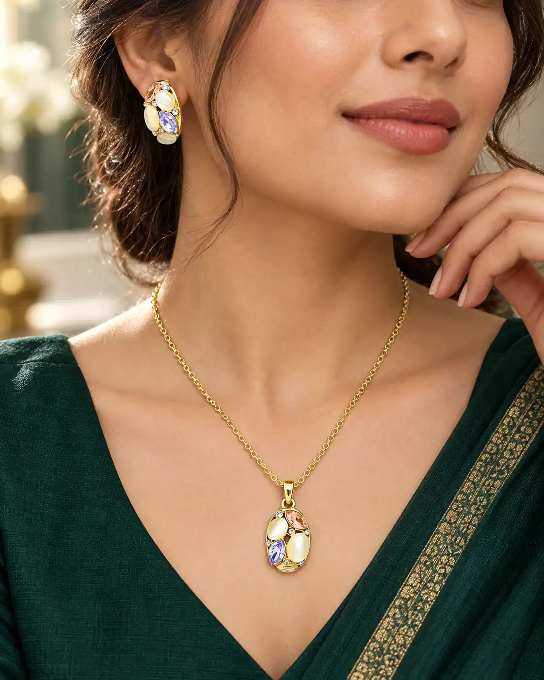 Woman wearing gold-tone pastel stone pendant necklace and matching earrings with an emerald green outfit